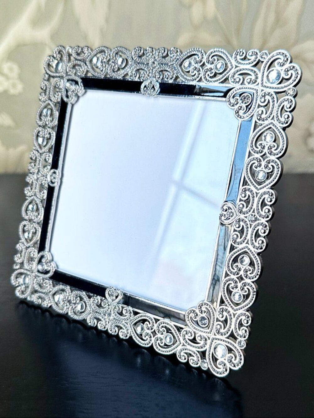Vintage Two's Company Jeweled Filigree Heart Picture Frame Black Enamel Square